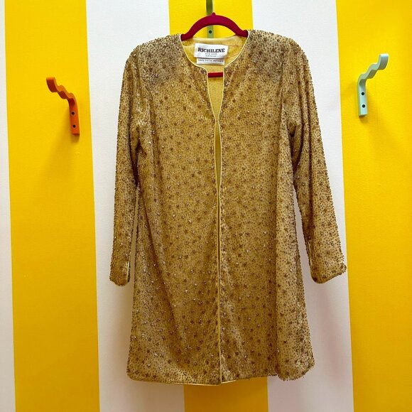 Vintage Saks Fifth Avenue Richilene Gold Beaded Long Dress Jacket Size 10 - Picture 1 of 6